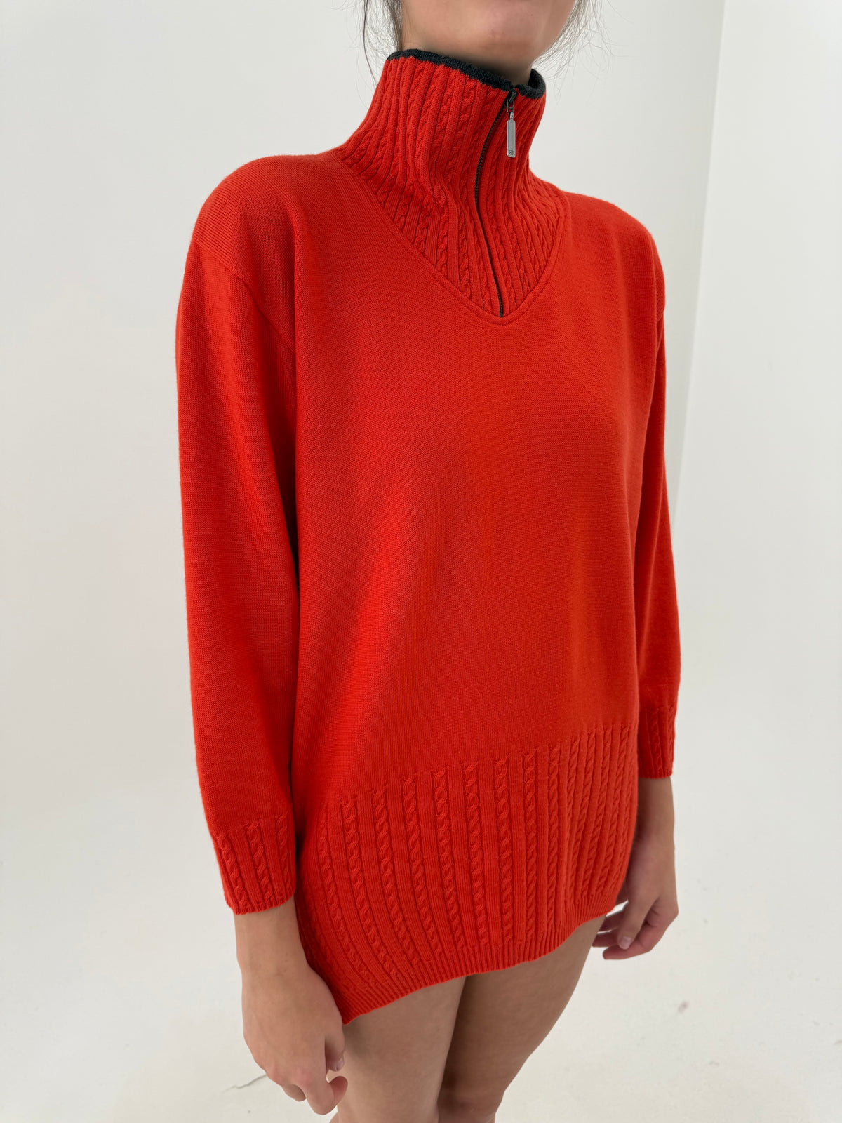 Maleta oranj quarter zip petite din lana extrafina pura virgină certificată