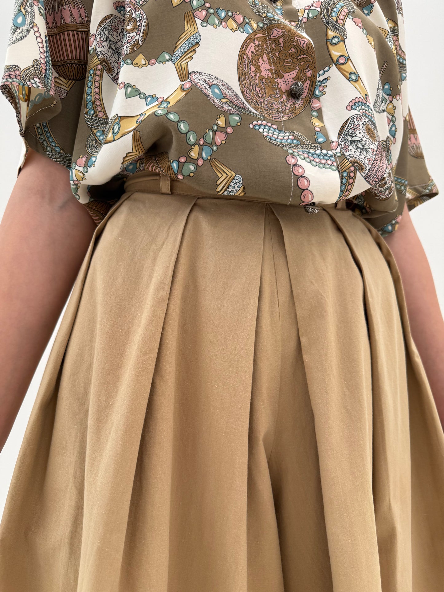 Fustă pantaloni vintage camel din bumbac cu talie ultra înaltă