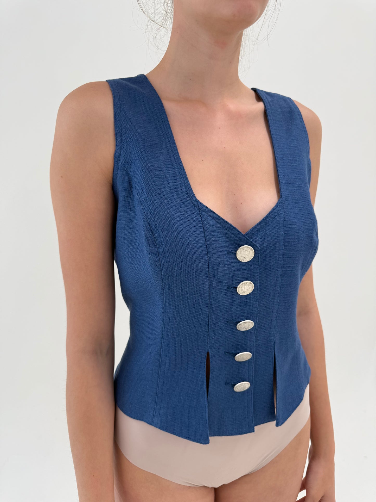 Corsaj jeans blue vintage ultra cambrat din pânză