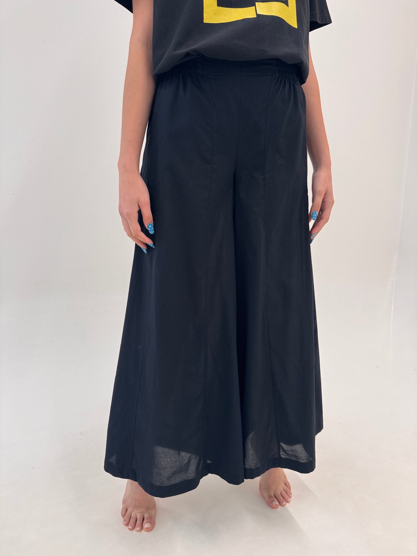 Pantaloni palazzo din cea mai fină panzica de bumbac cu talie elastică ultra înaltă