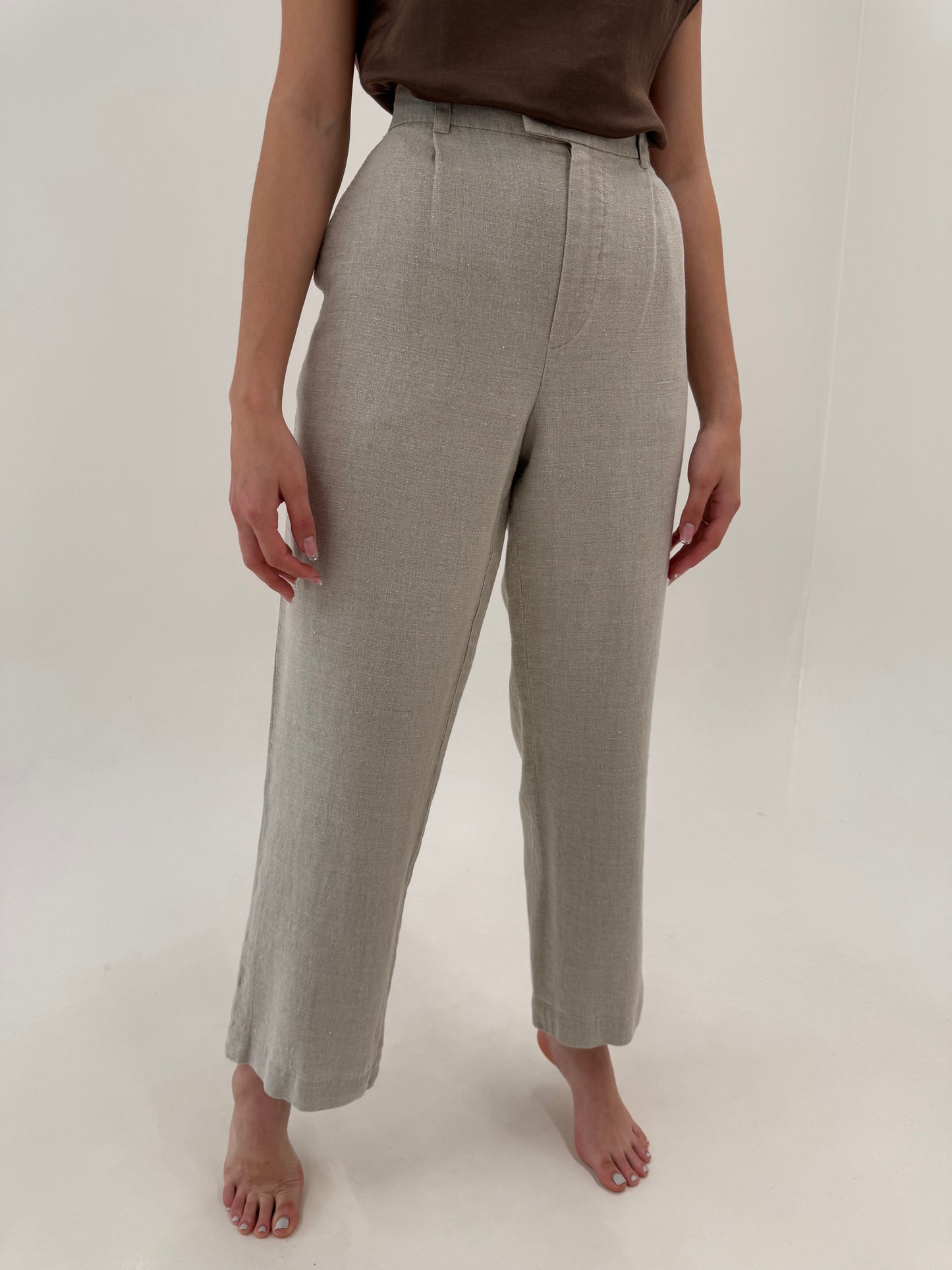 Pantaloni sand nude din pânză excepțională de in cu talie ultra înaltă tall