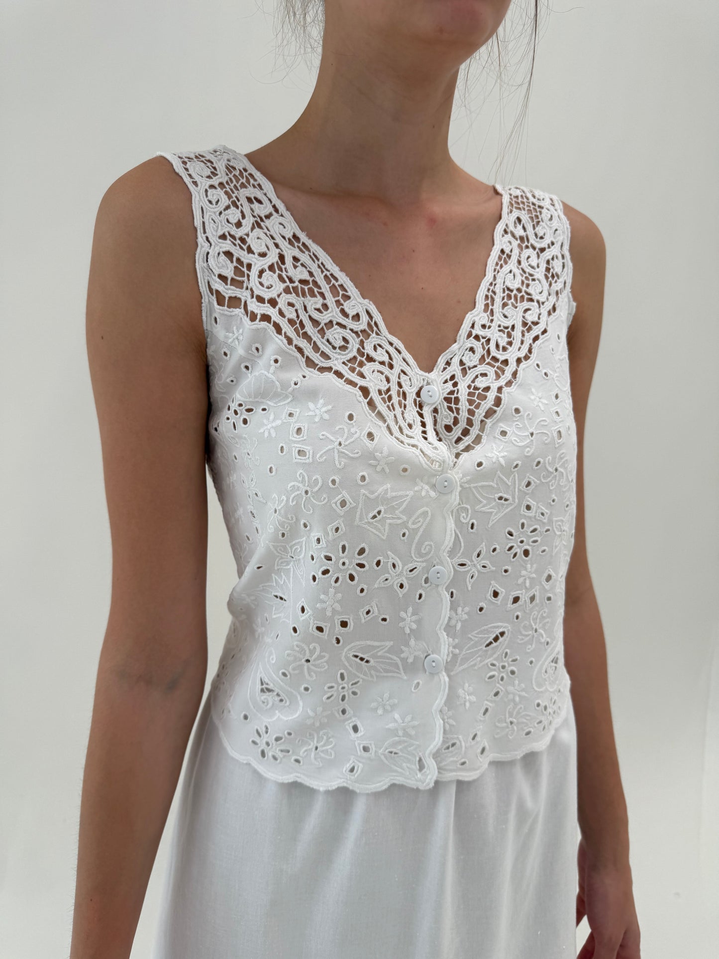 Top vintage excepțional din macrame de bumbac și integral broderie anglaise