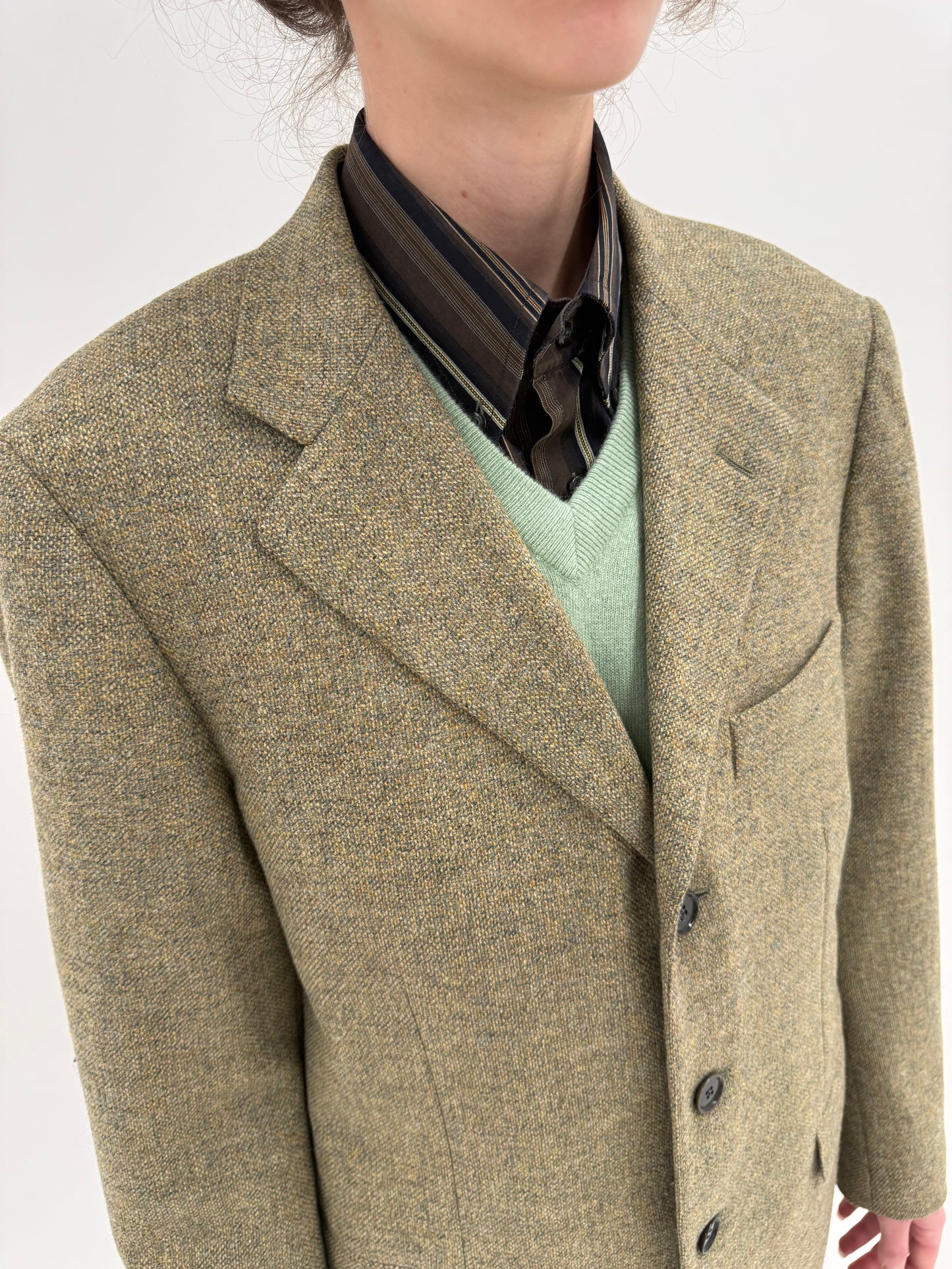 Sacou italian din tweed Donegal camel și kaki din lana în croi actual