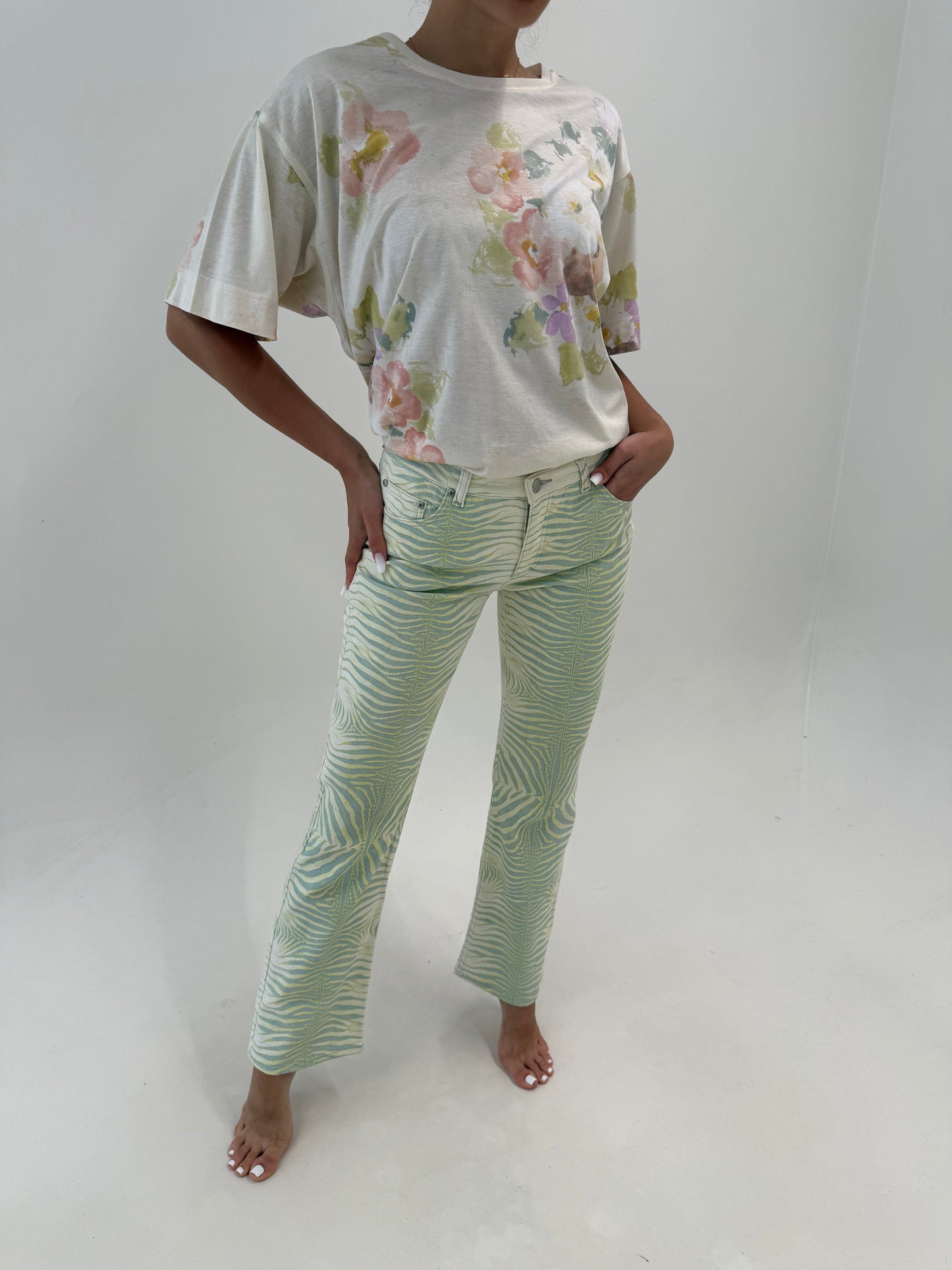 Pantaloni vintage Roberto Cavalli iconici cu animal print în culori pudrate