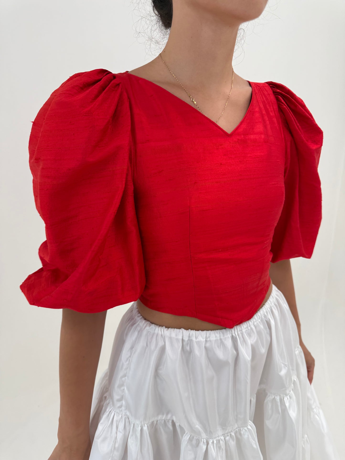 Corset vintage cu mâneci bufante ample din mătase naturală dupioni