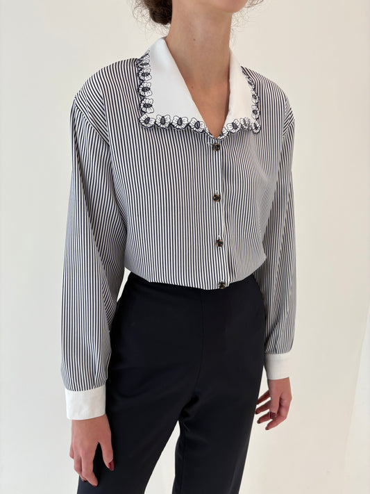 Cămașa vintage cu guler și manșete contrastante cu dungi fine verticale Navy