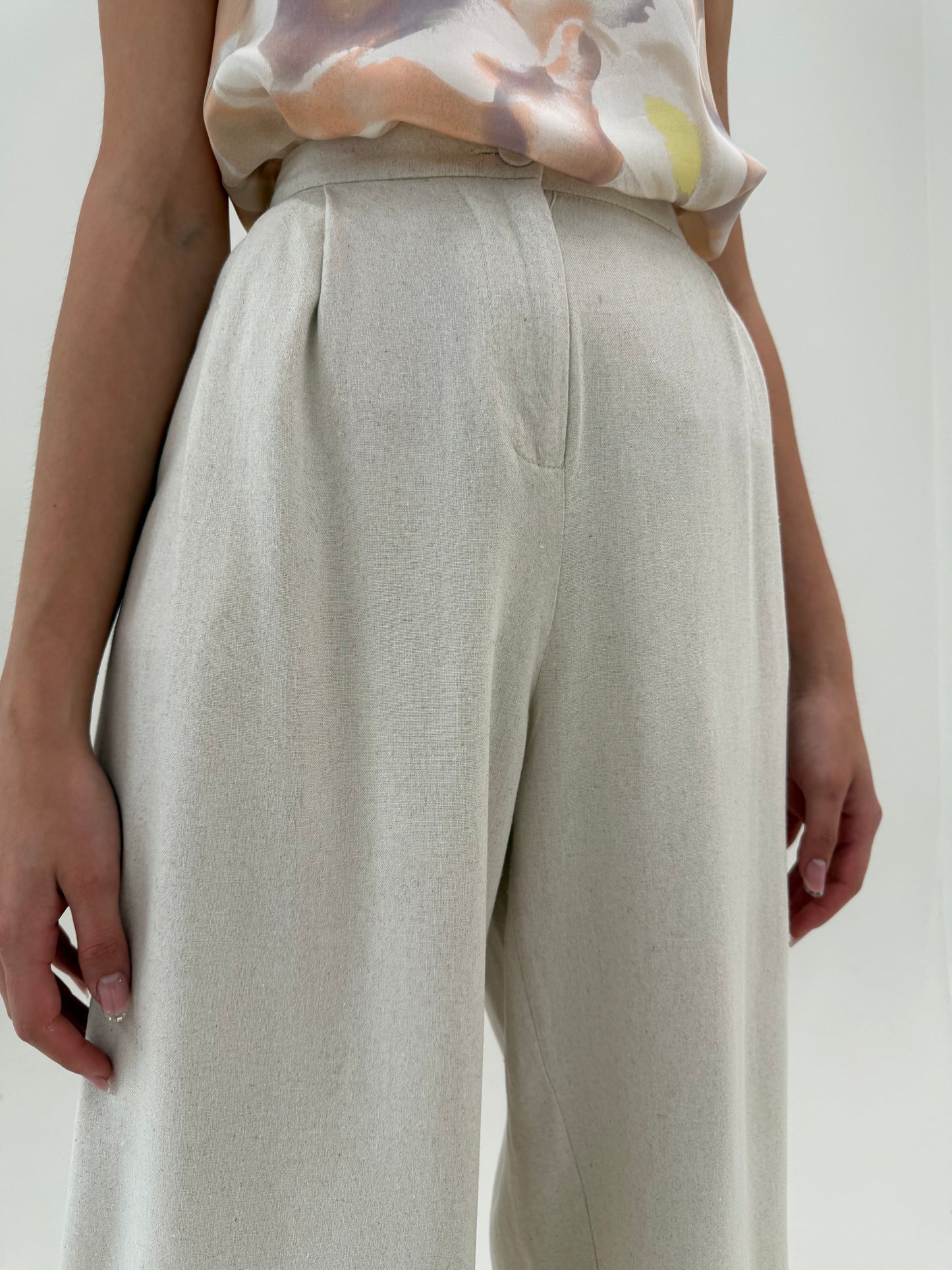 Pantaloni palazzo off white din pânză de in și vascoza