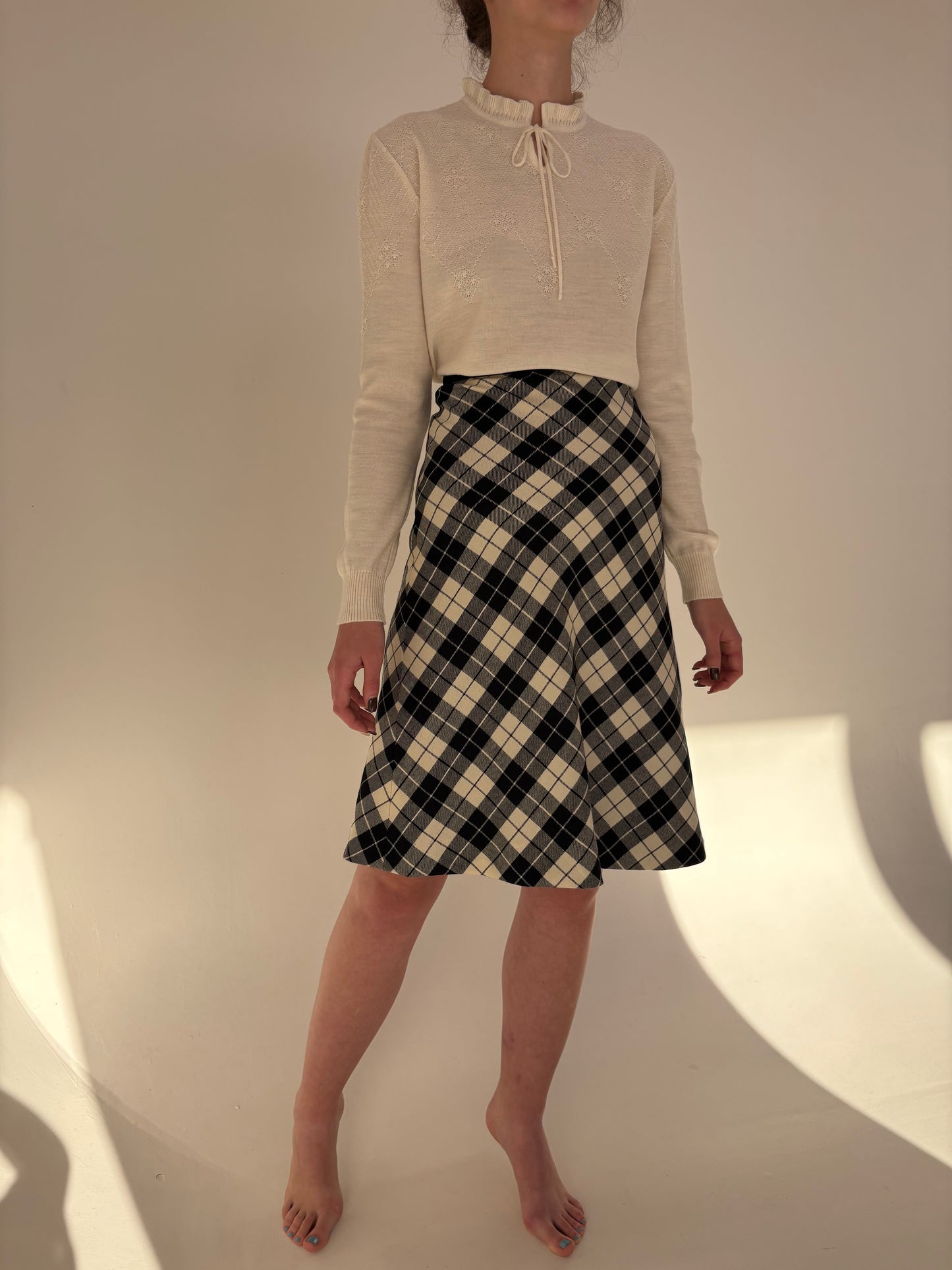 Fustă în bie și carouri din lana extrafina cu print negru și ivoire