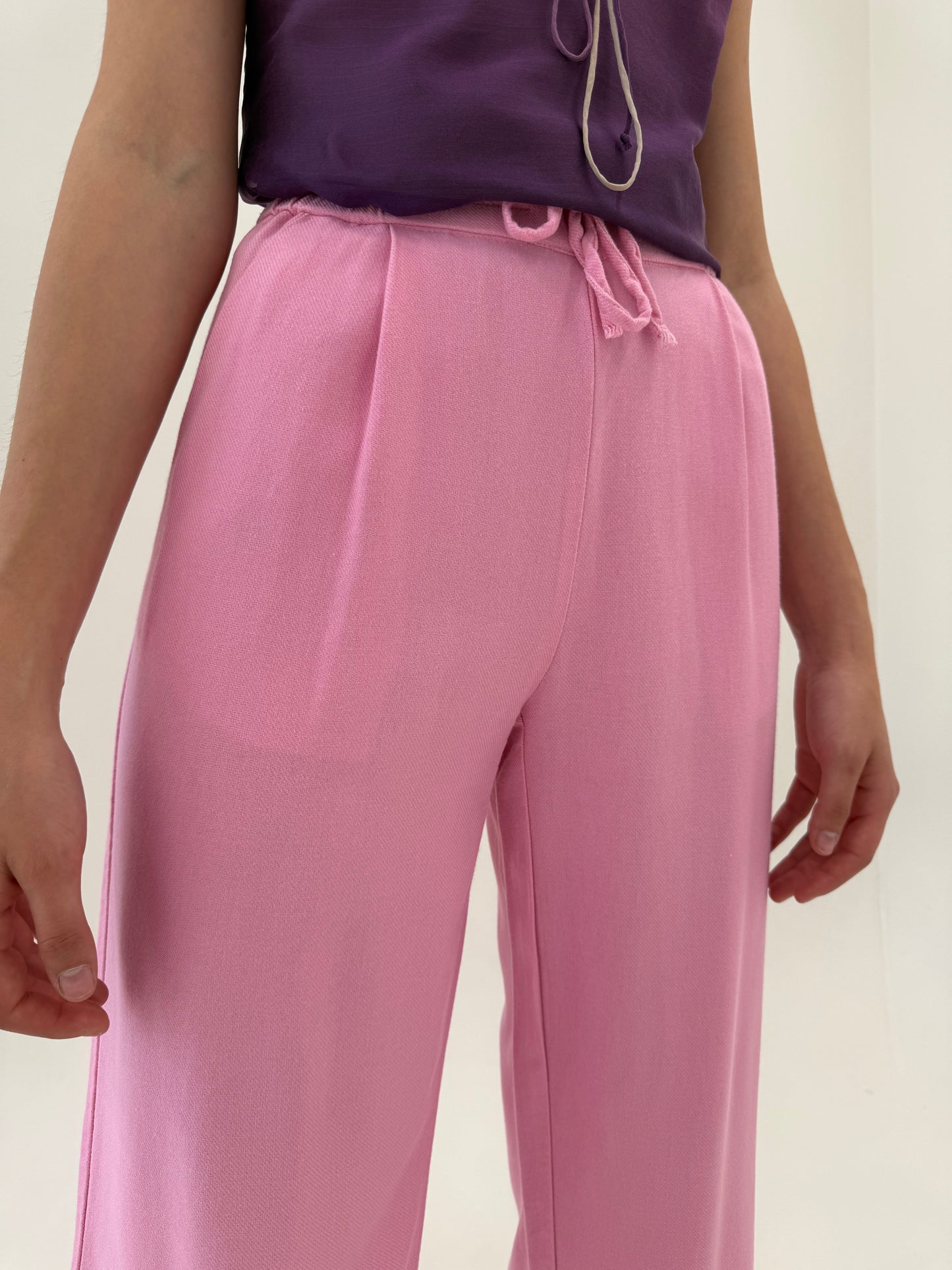 Pantaloni palazzo din pânză de in cu talie ultra înaltă elastică