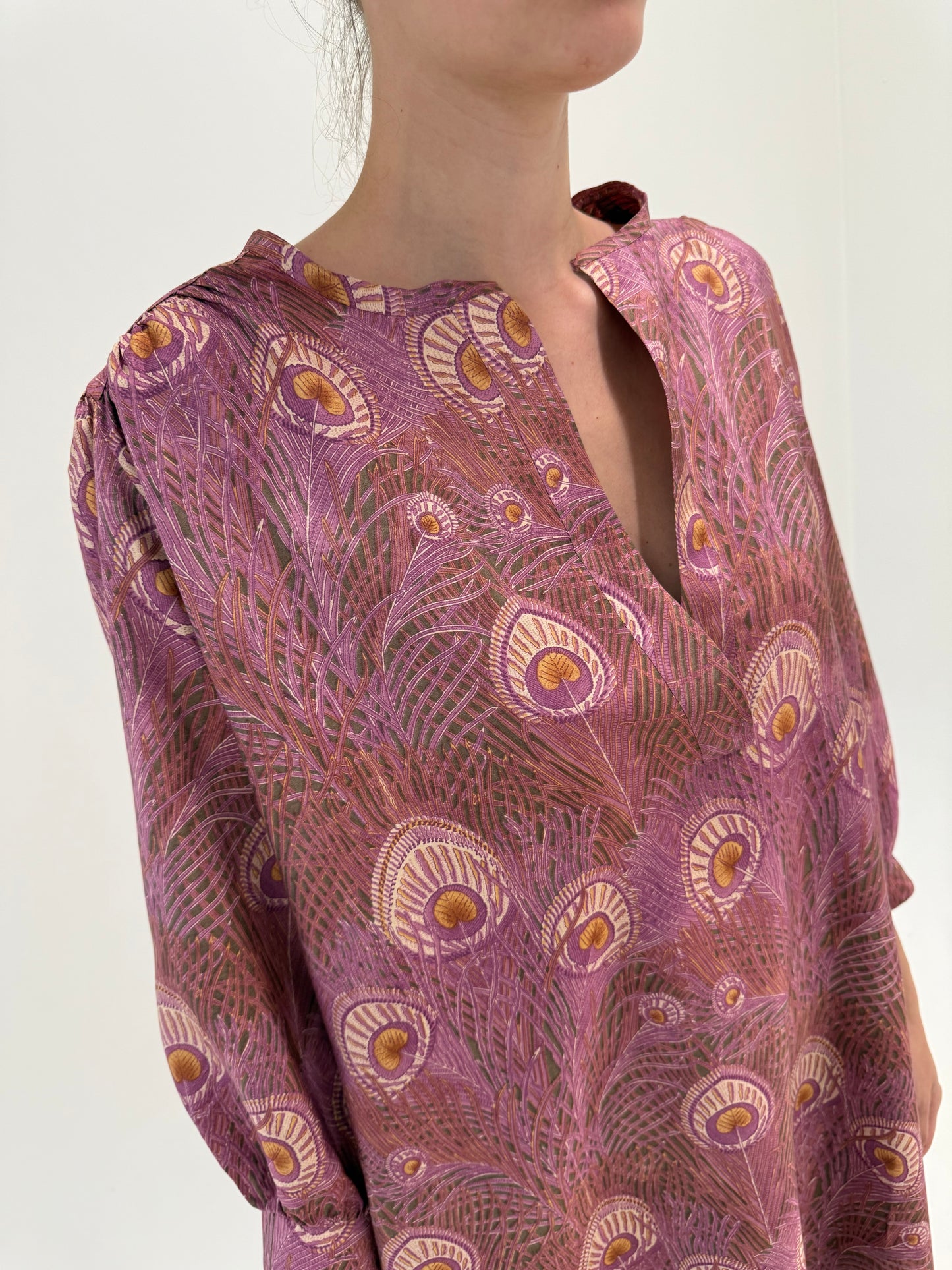 Rochie vintage petite din mătase naturală în croi lejer cu buzunare dusty pink