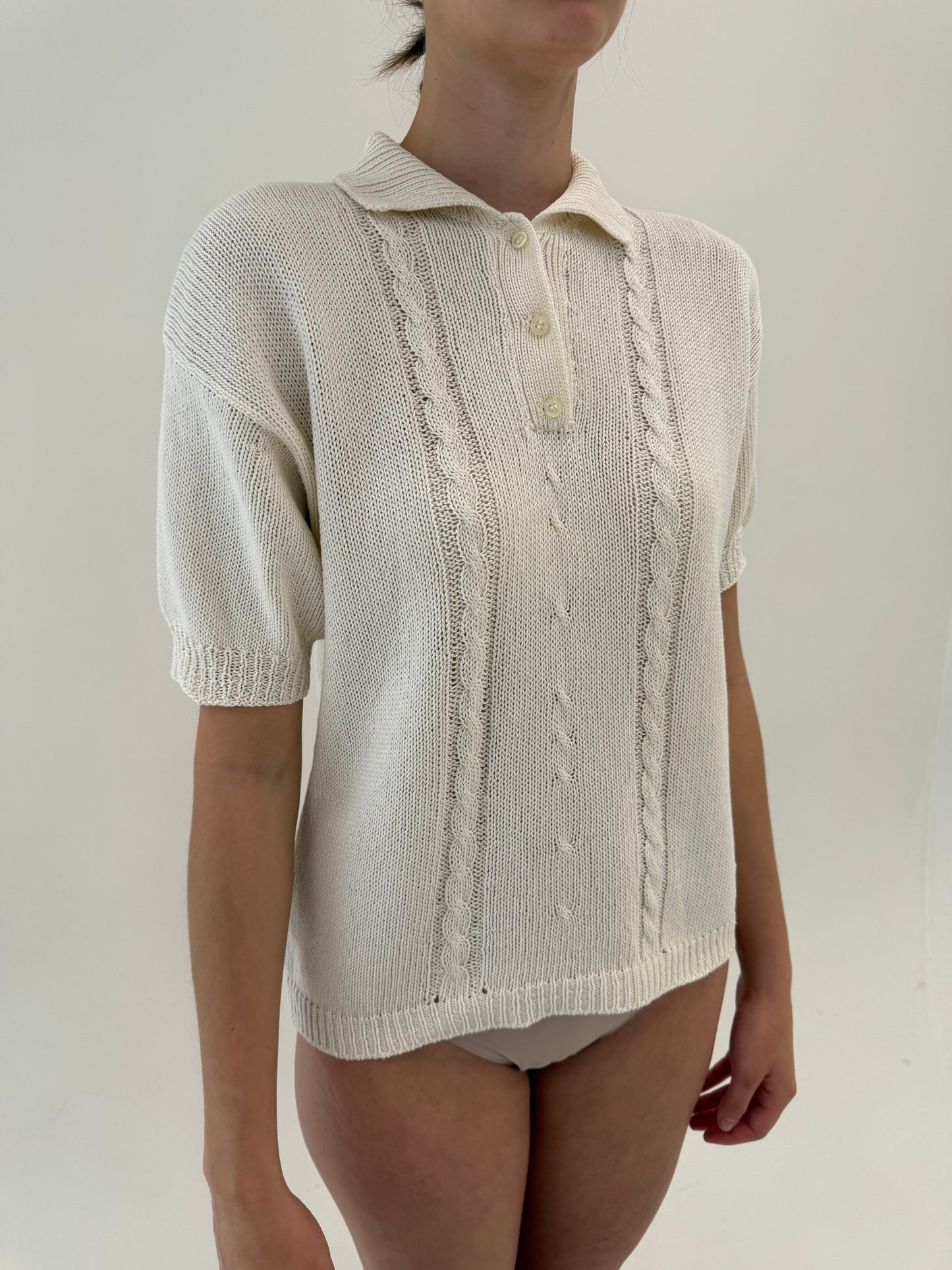 Top vintage poli din bumbac premium cu torsade off white