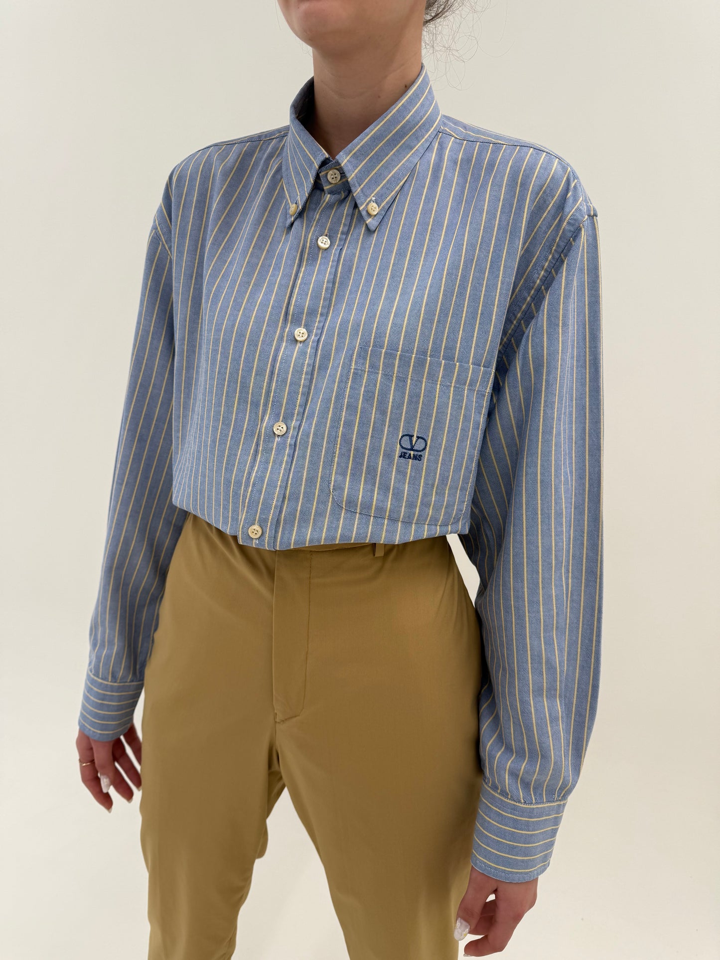 Cămașa Valentino baby blue în dungi fine butter yellow din poplin