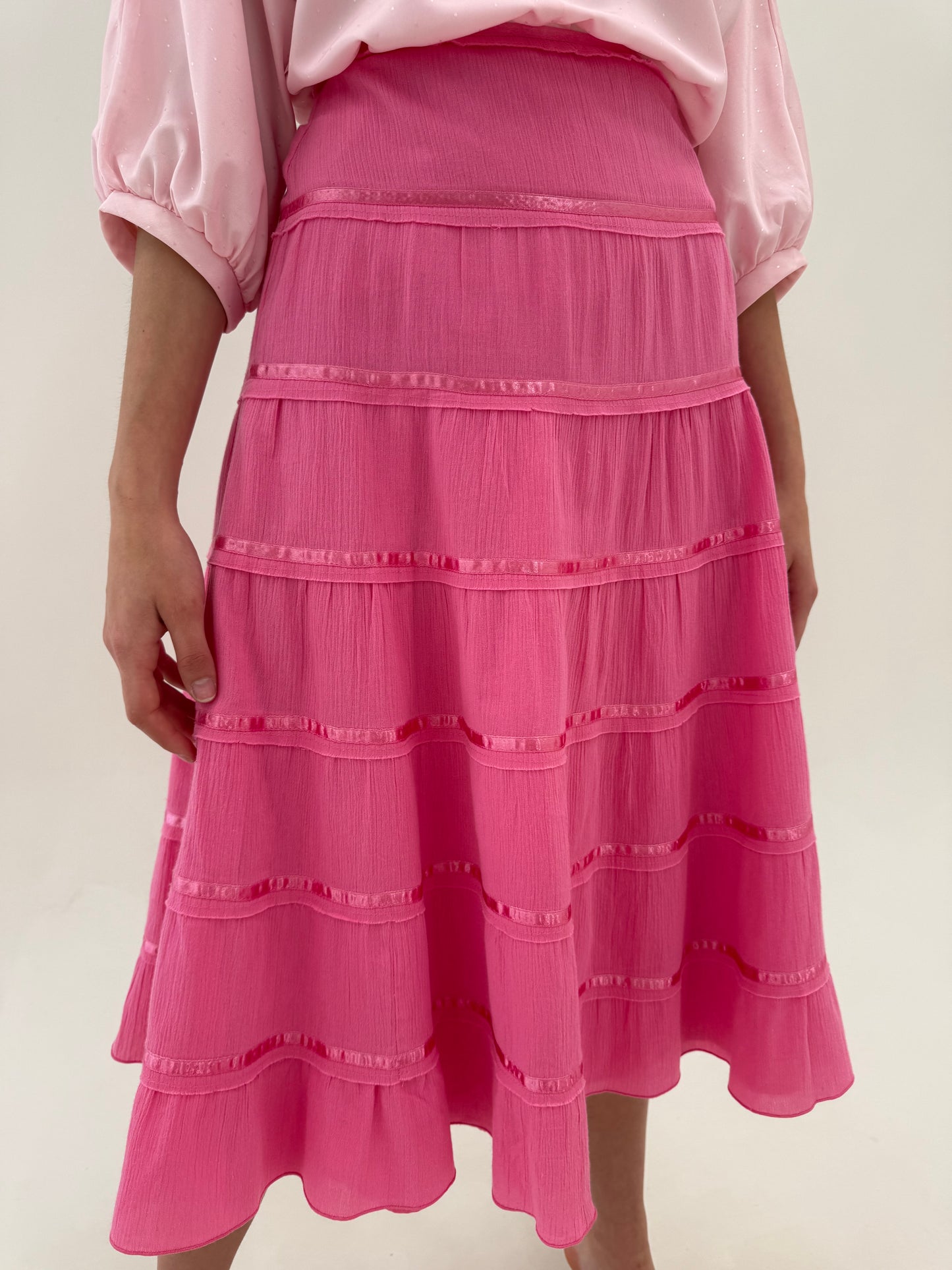 Fustă midi lung Barbie Pink din panzica no iron de bumbac