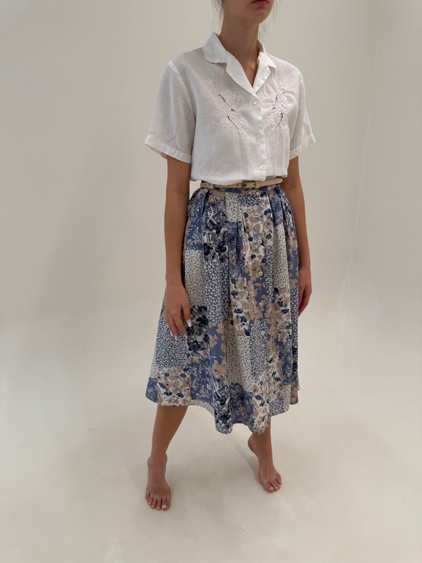 Fustă din mătase naturală Jeans blue și camel midi lung