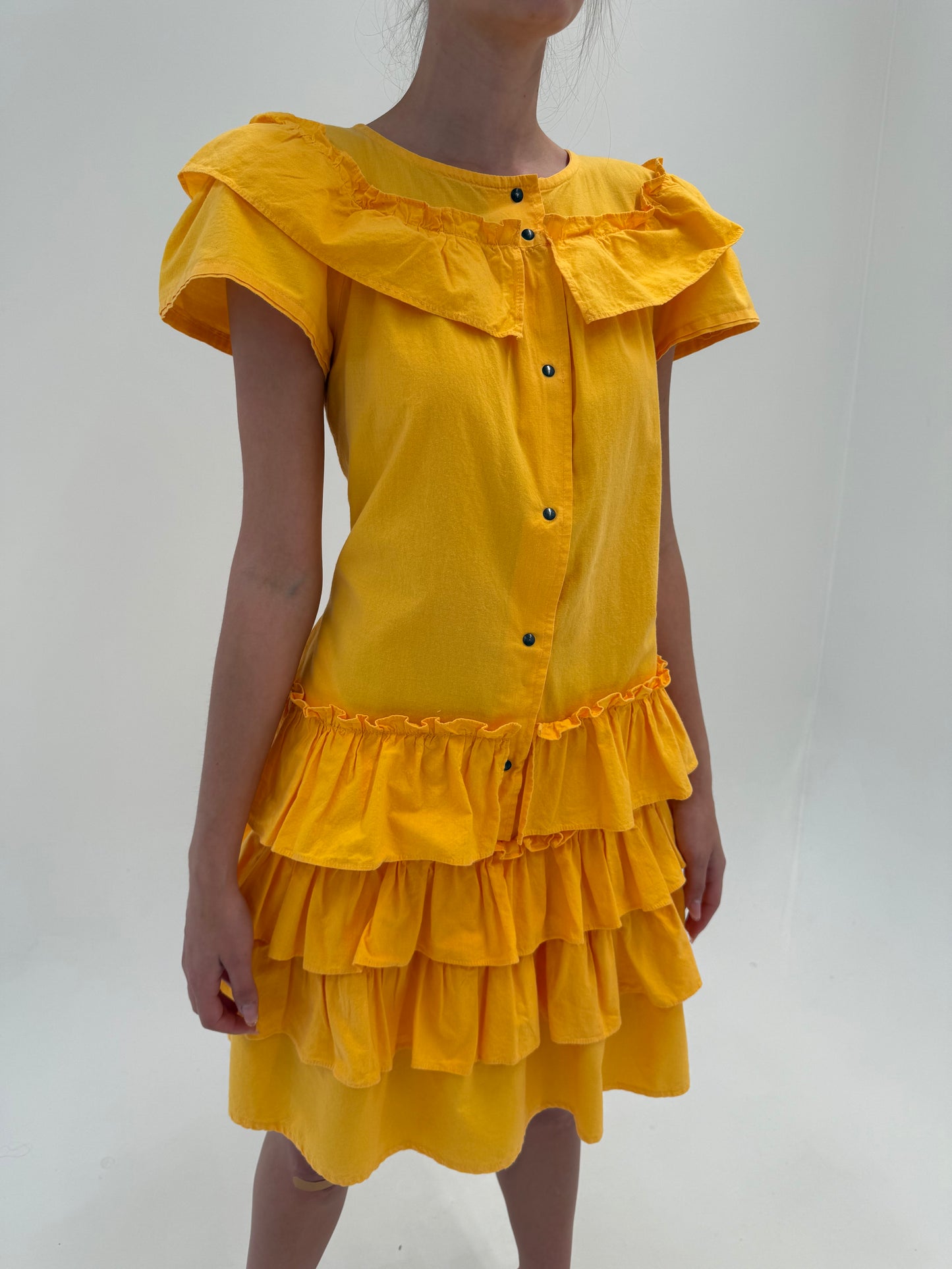 Rochie vintage de designer saffron yellow cu volane vin poplin de bumbac