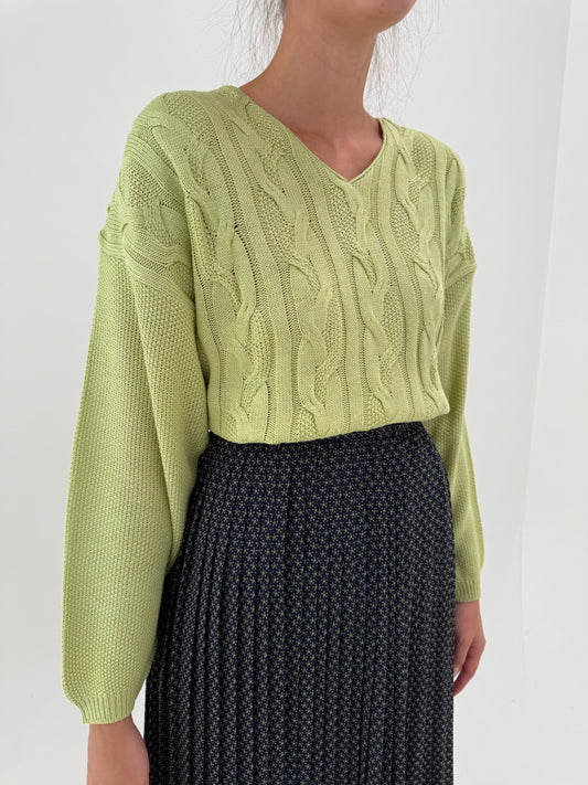 Pulover italian vintage pistachio green cu torsade din bumbac de gramaj mare