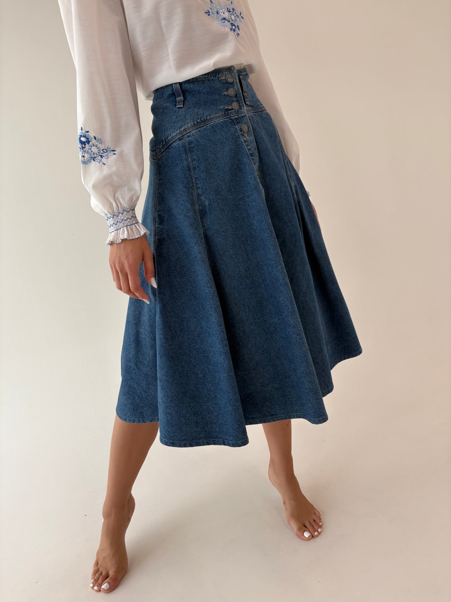 Fustă old vintage din jeans anii 80 extrem de amplă cu talie ultra înaltă