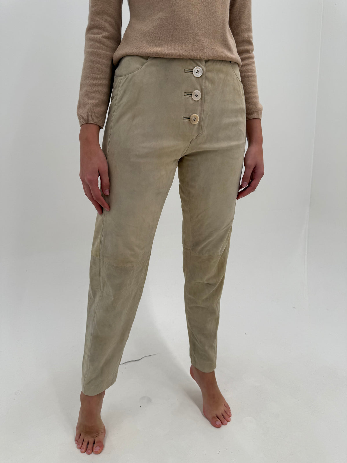 Pantaloni camel din piele naturală întoarsă extrem de moale tall și talie înaltă