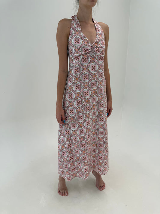 Rochie maxi halterneck cu print în nuanțe de roz din bumbac premium
