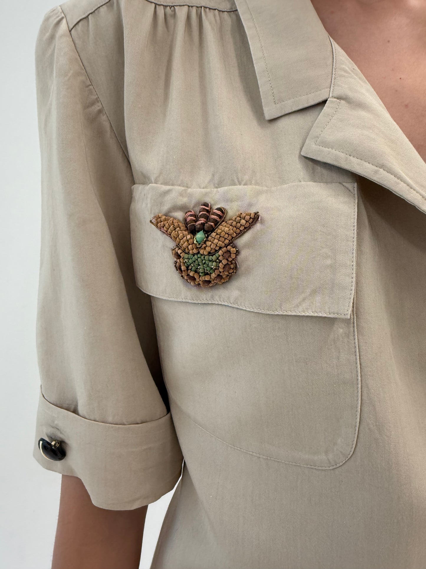 Rochie vintage de designer italian Safari din pânză de in cu aplicații manuale