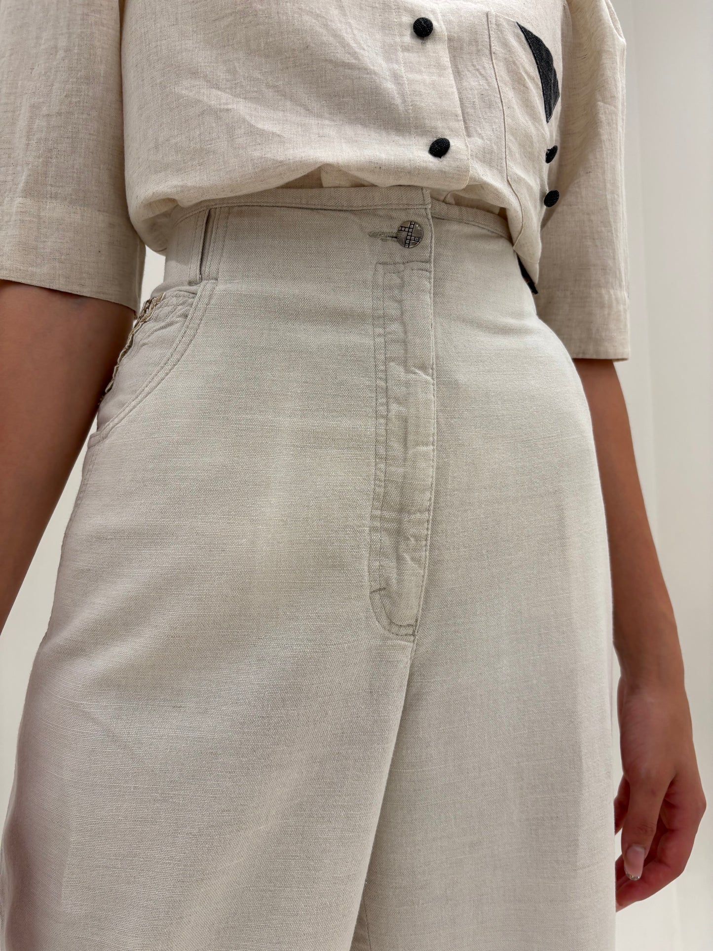Pantaloni vintage tall din pânză grea de in și bumbac cu talie ultra înaltă