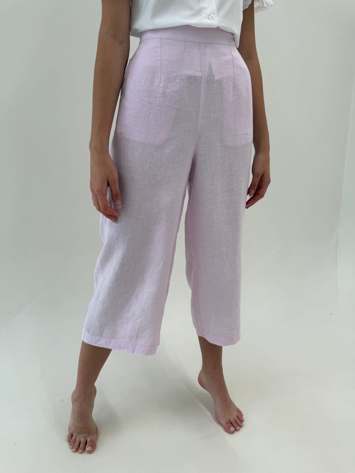 Pantaloni petite din in în croi palazzo light lavender cu talie elastică ultra înaltă
