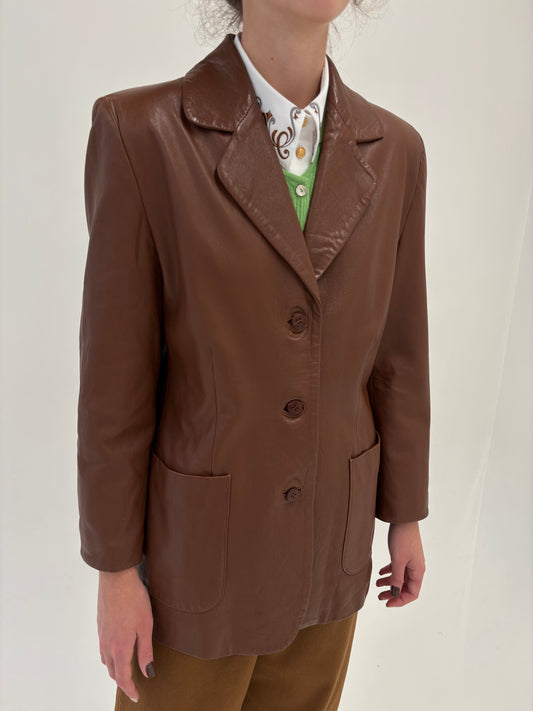 Sacou chocolate brown petite ușor cambrat din piele naturală