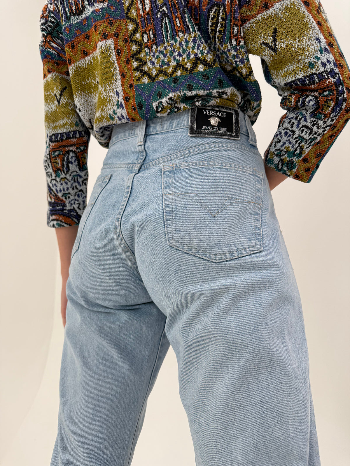 Jeans vintage Versace tall din bumbac gros light wash straight leg