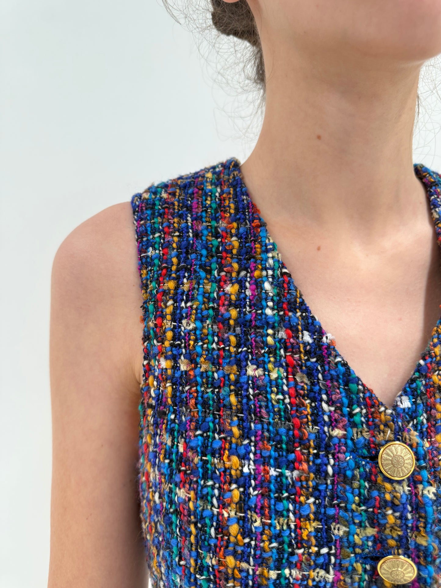 Set vintage in stil Chanel din 3 piese din tweed superb multicolor