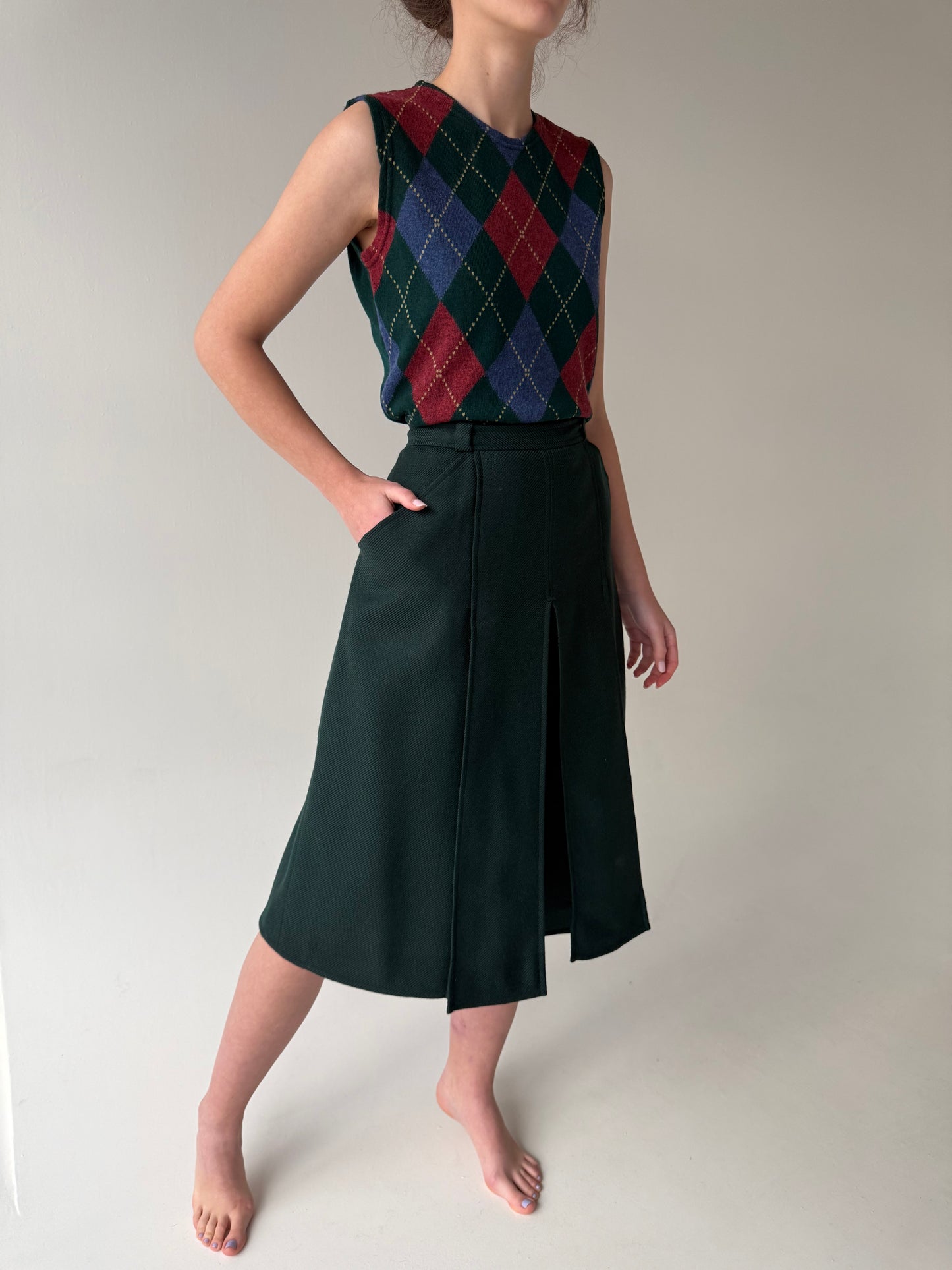 Fustă pantaloni dark green cu talie ultra înaltă din lana groasă extrafina