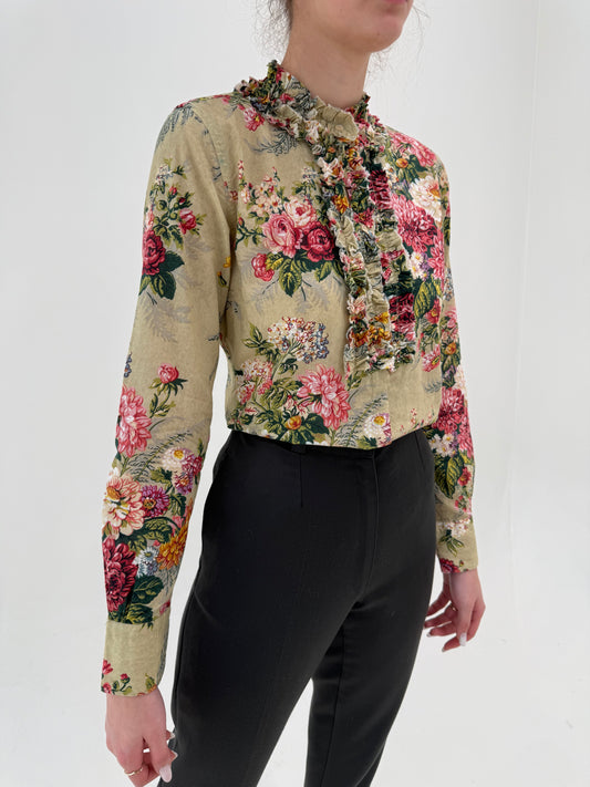 Cămașa Sage green cu print floral superb și mini jabou din bumbac fin