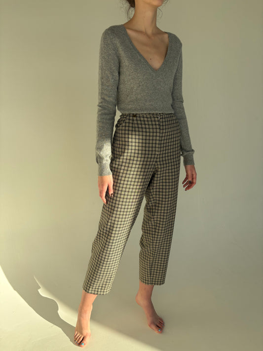 Pantaloni țigaretă light nude în carouri negre din lana extrafina ultra confort