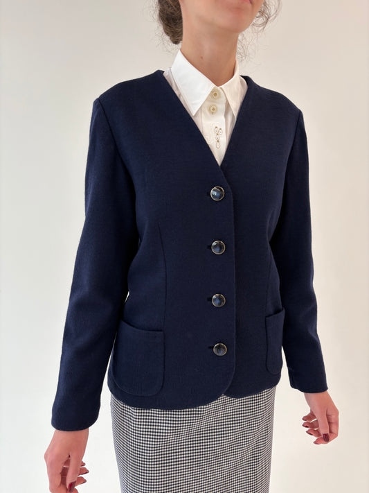 Sacou vintage Navy în croi minimalist din jerse de lana