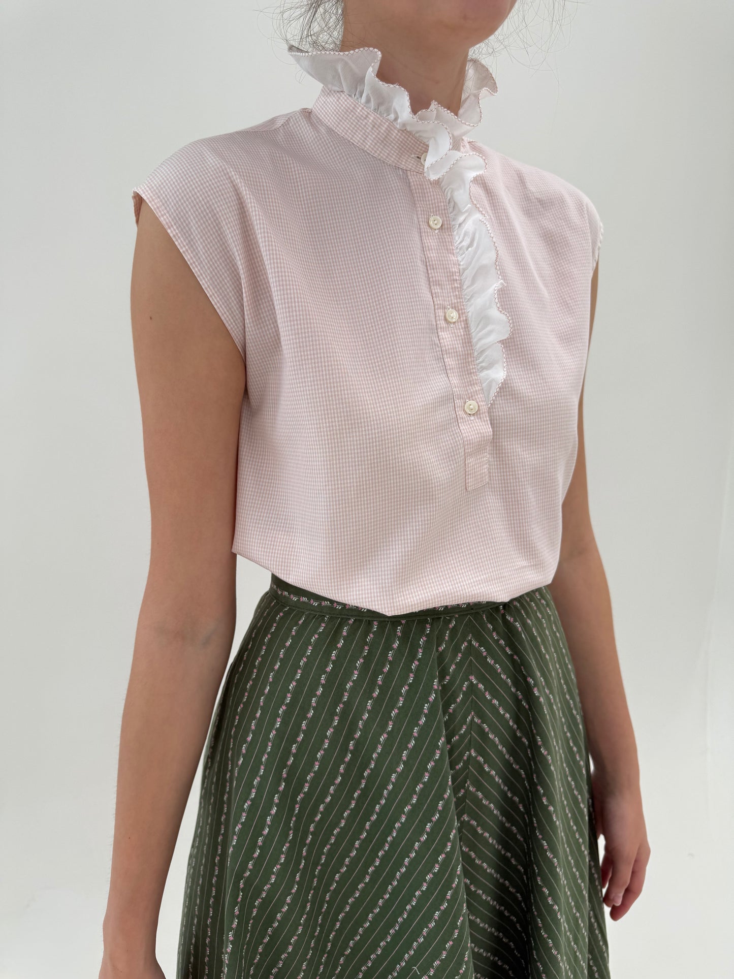 Cămașa gingham powder pink italiană cu inserții de dantelă în croi chic