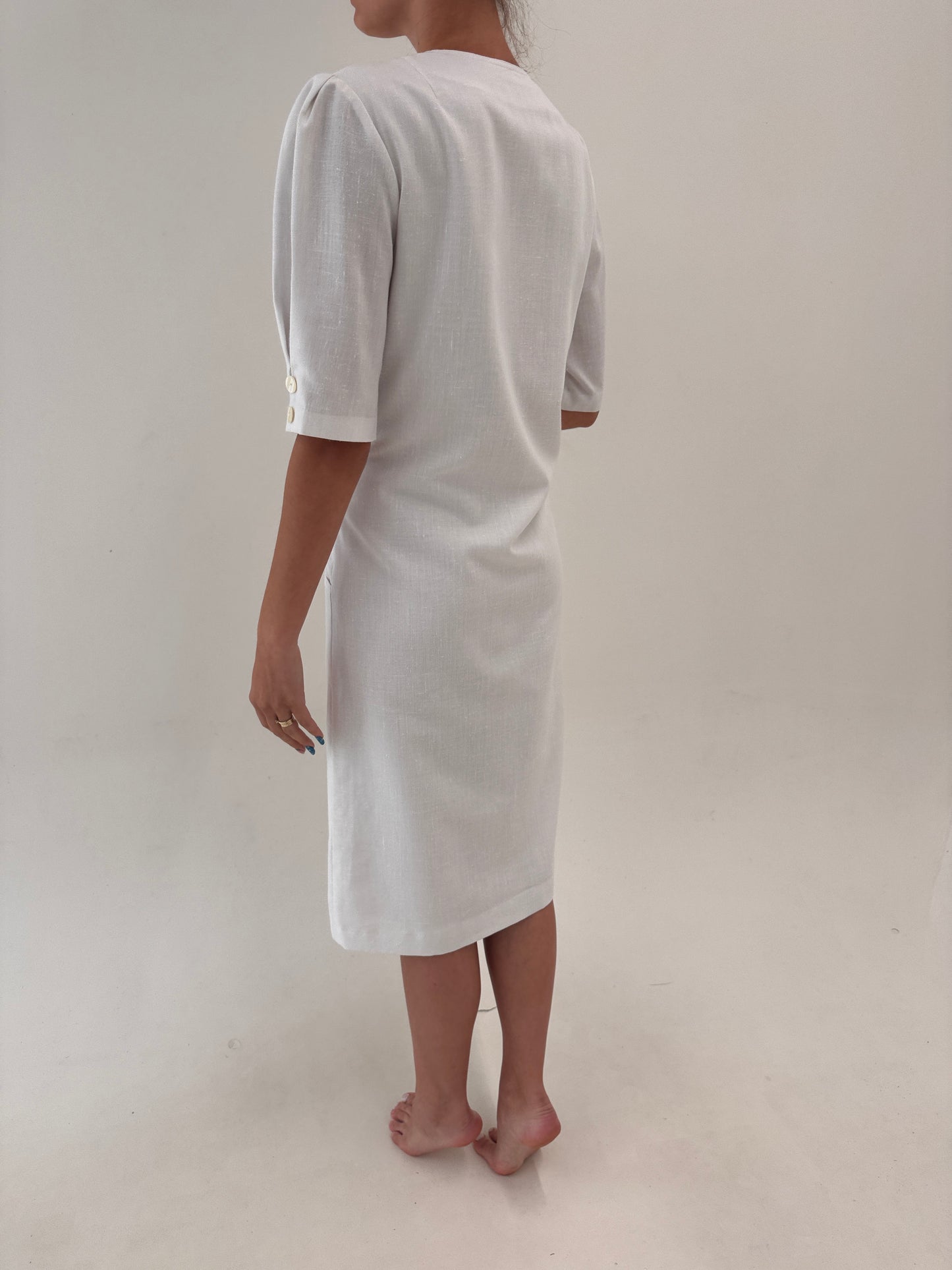 Rochie retro din pânză de in butter white cu mâneci ușor bufante
