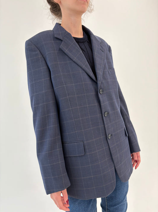 Sacou italian din lana extrafina jeans blue în carouri fine