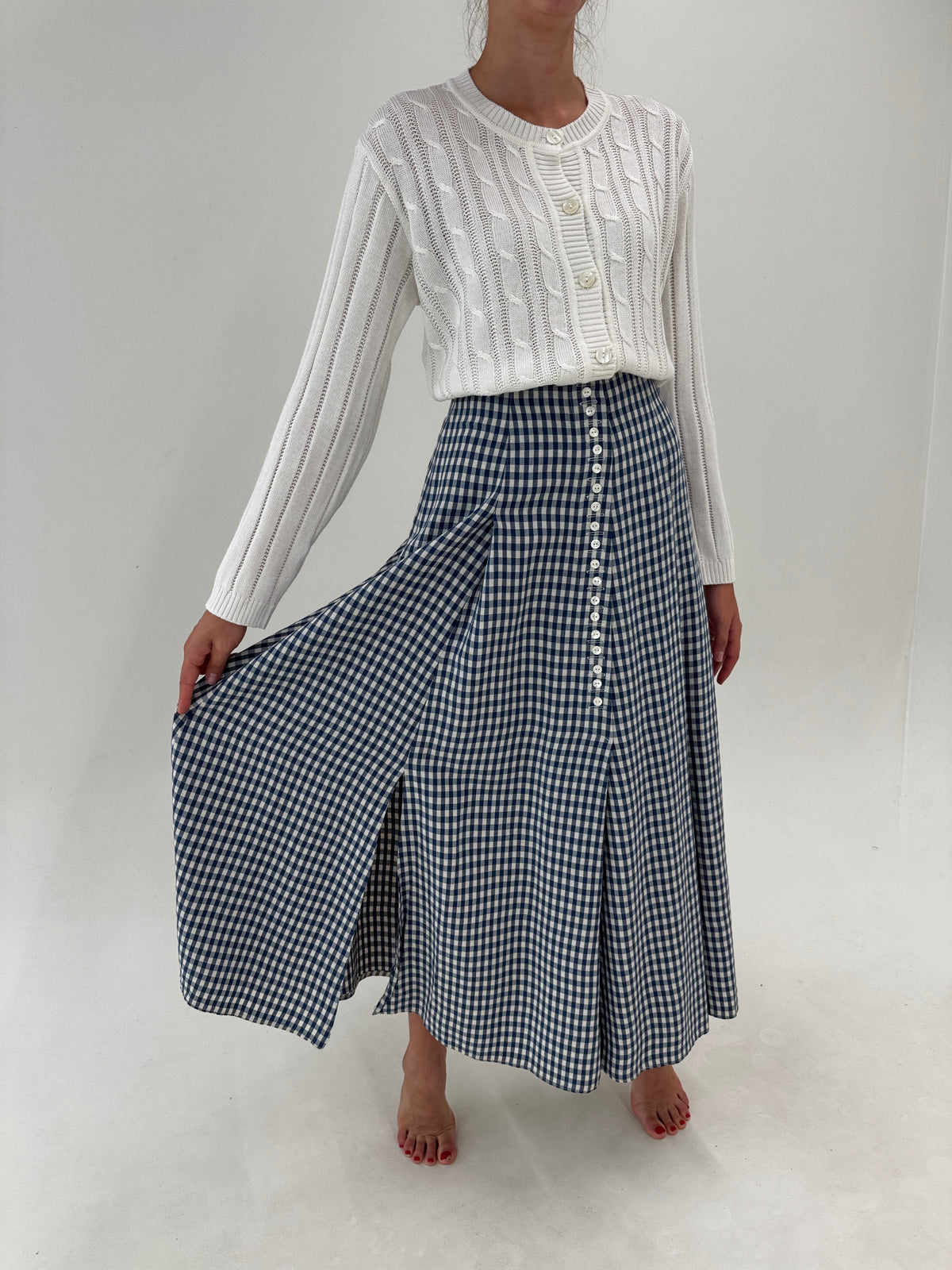 Fustă maxi gingham în carouri din textura plina de toamnă de bumbac