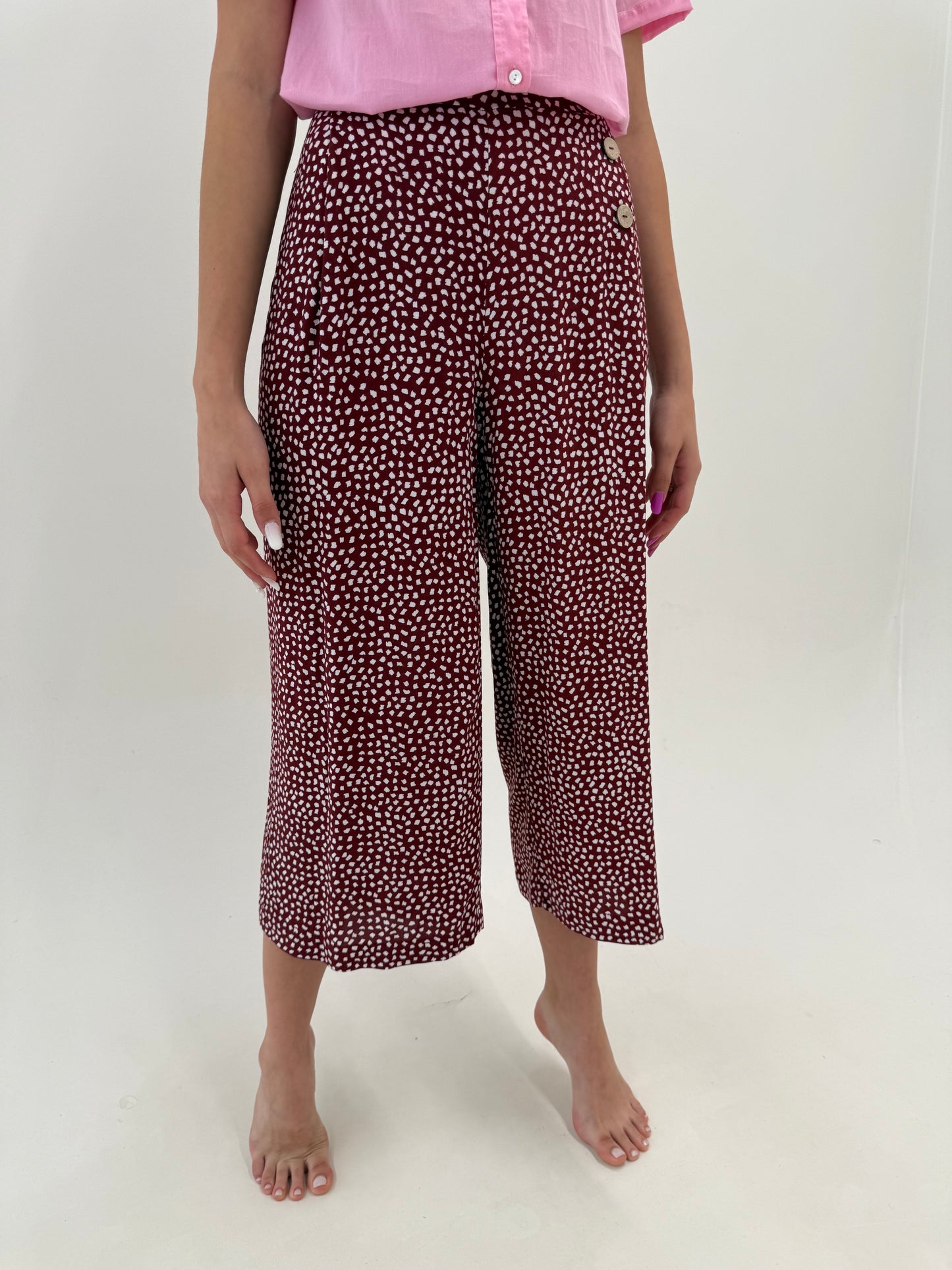 Pantaloni petite / culottes burgundy super vaporoși cu talie elastică