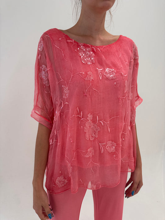 Tunica din mătase naturală cu broderie delicată în croi amplu salmon pink