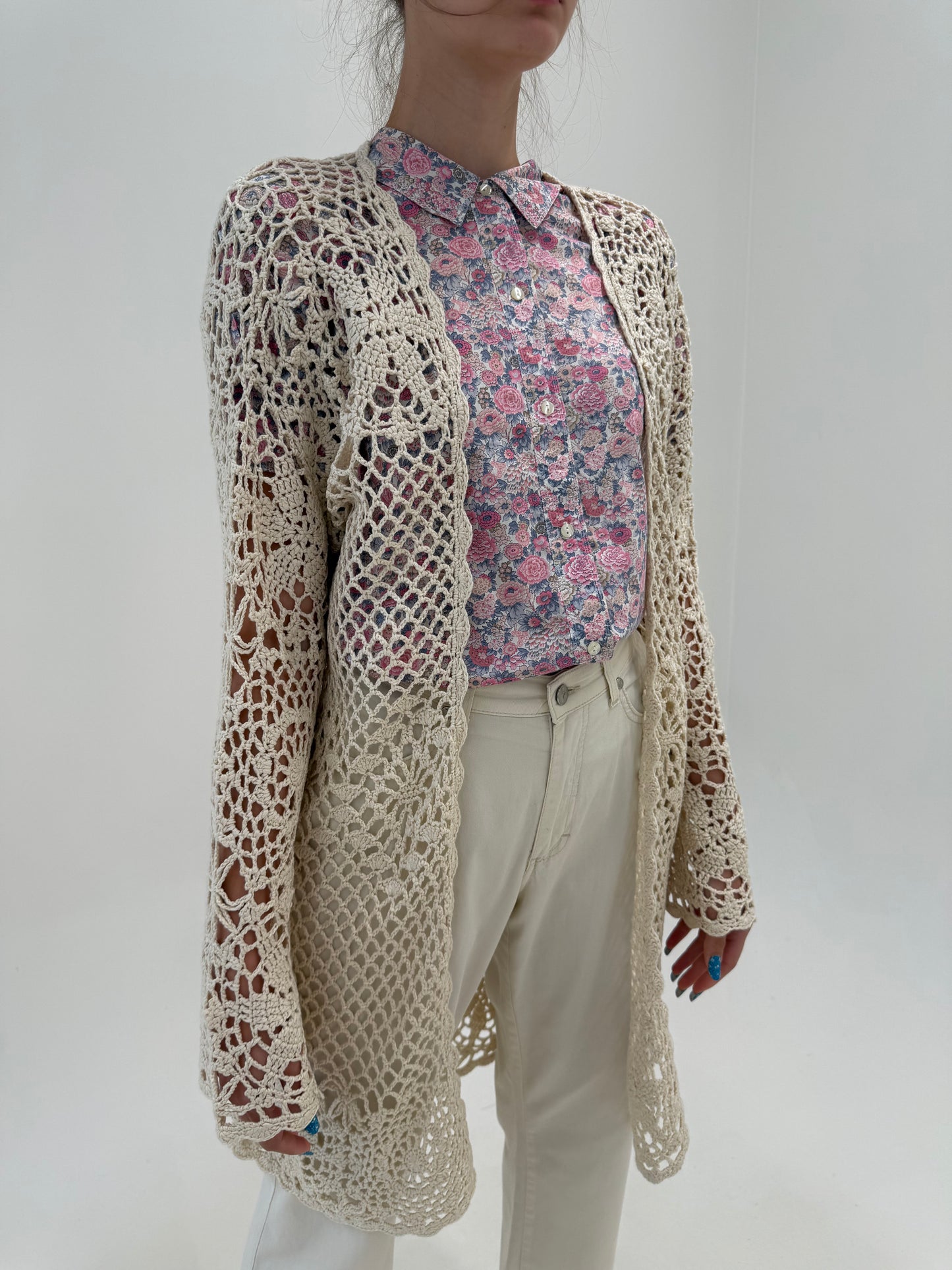 Cardigan lung din macrame de ham ca lucrat manual butter white