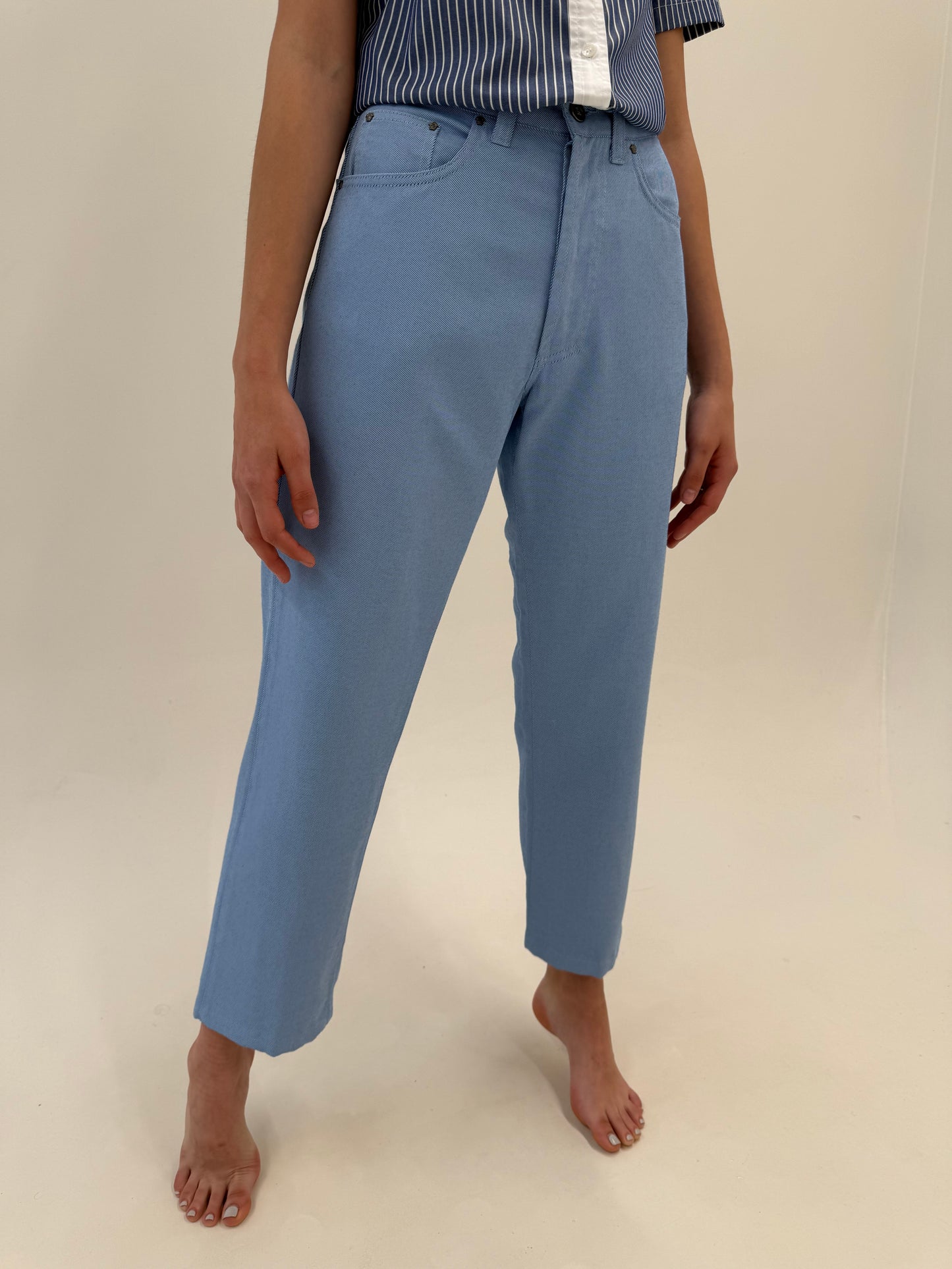 Jeans Versace vintage baby Blue de vară cu talie ultra înaltă mom fit (solduri generoase)