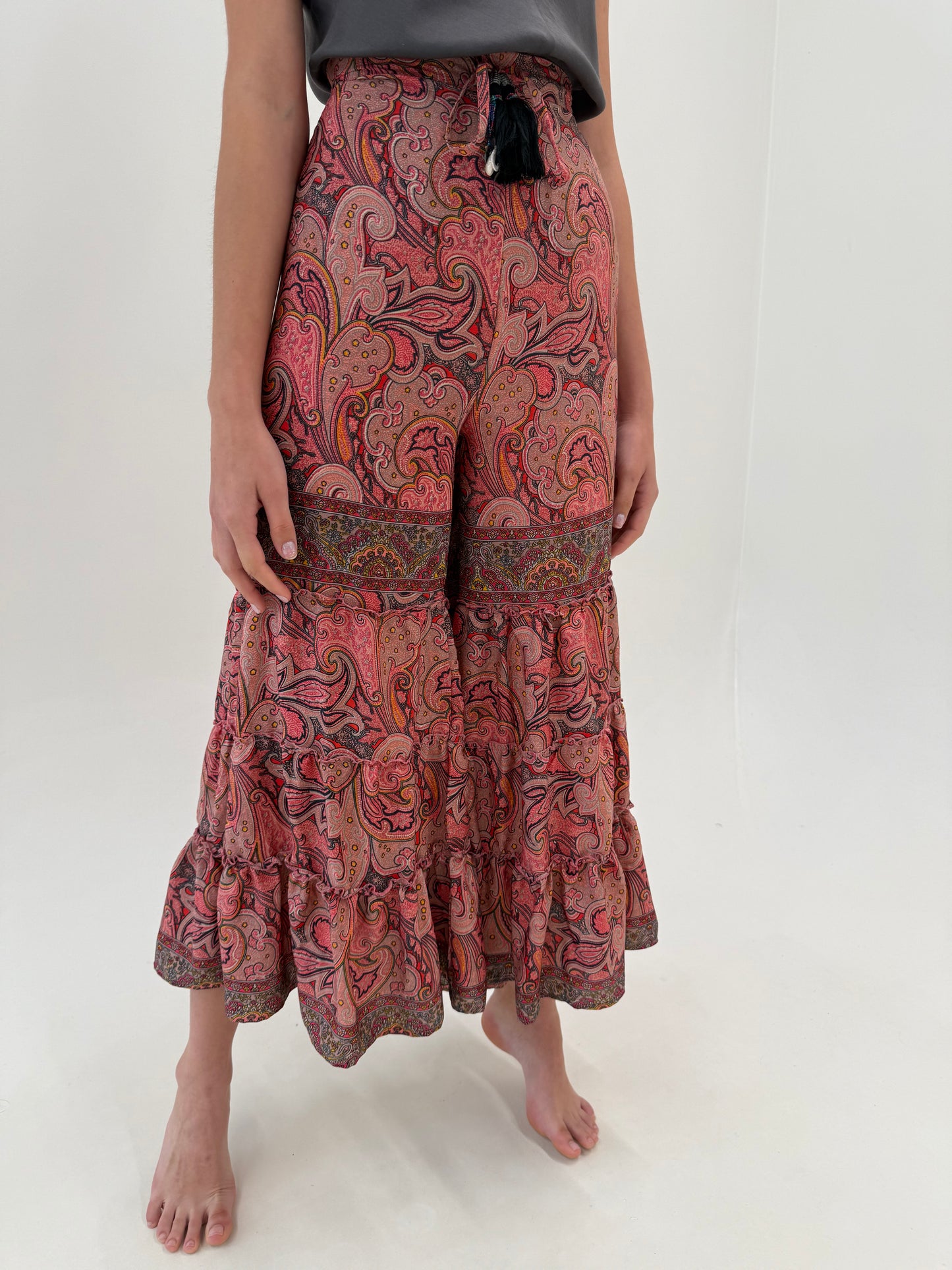 Pantaloni boho palazzo din mătase matuala cu talie ultra înaltă elastică