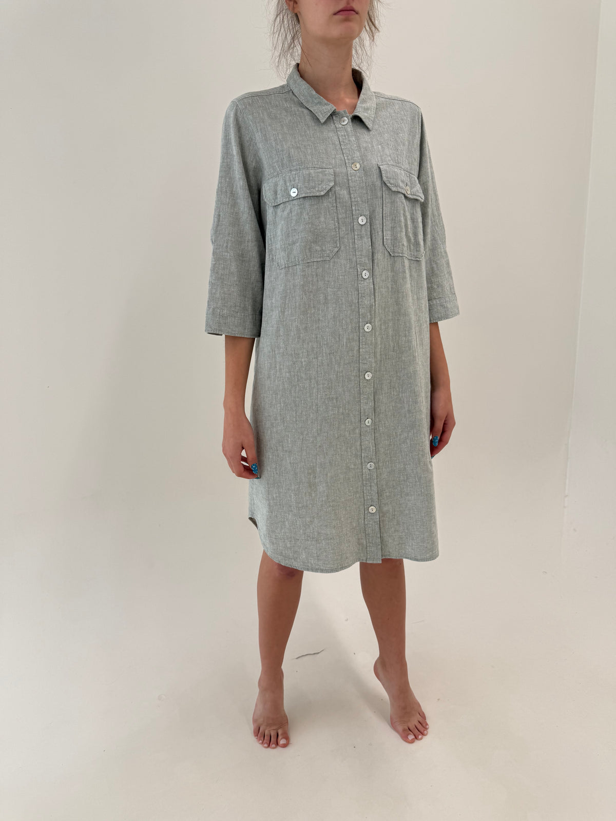 Rochie italiană din in premium silver gray melanj în croi clasic