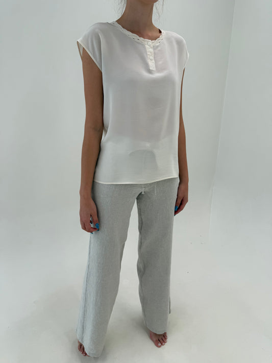 Pantaloni tall din pânză excepțională de in light nude cu talie reglabilă