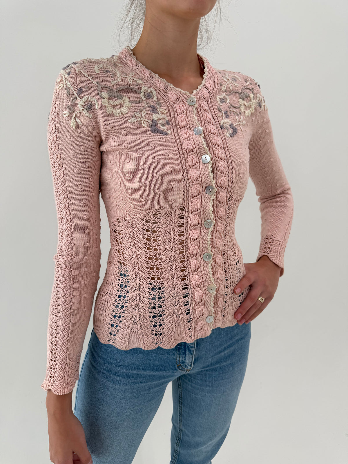Cardigan vintage bijuterie cambrat cu broderie manuală excepțională din bumbac gros