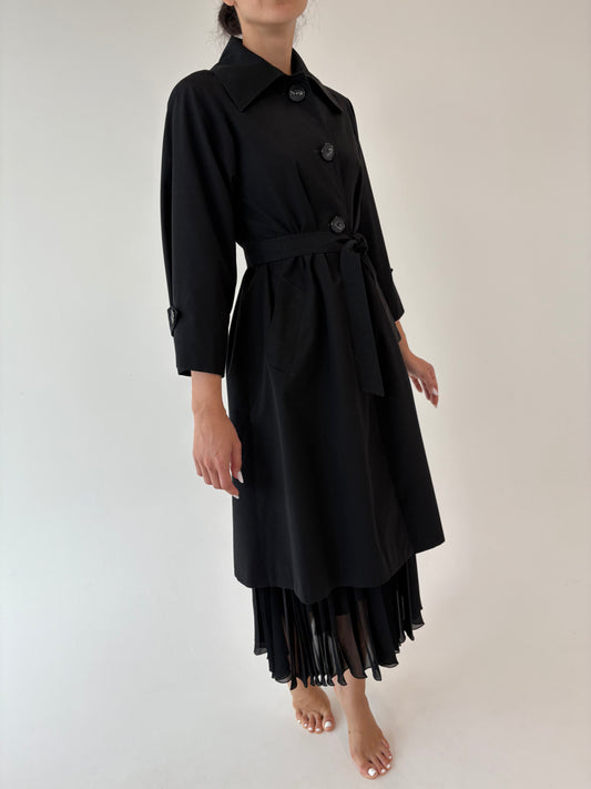 Trench vintage negru petite impermeabil cu talie marcată