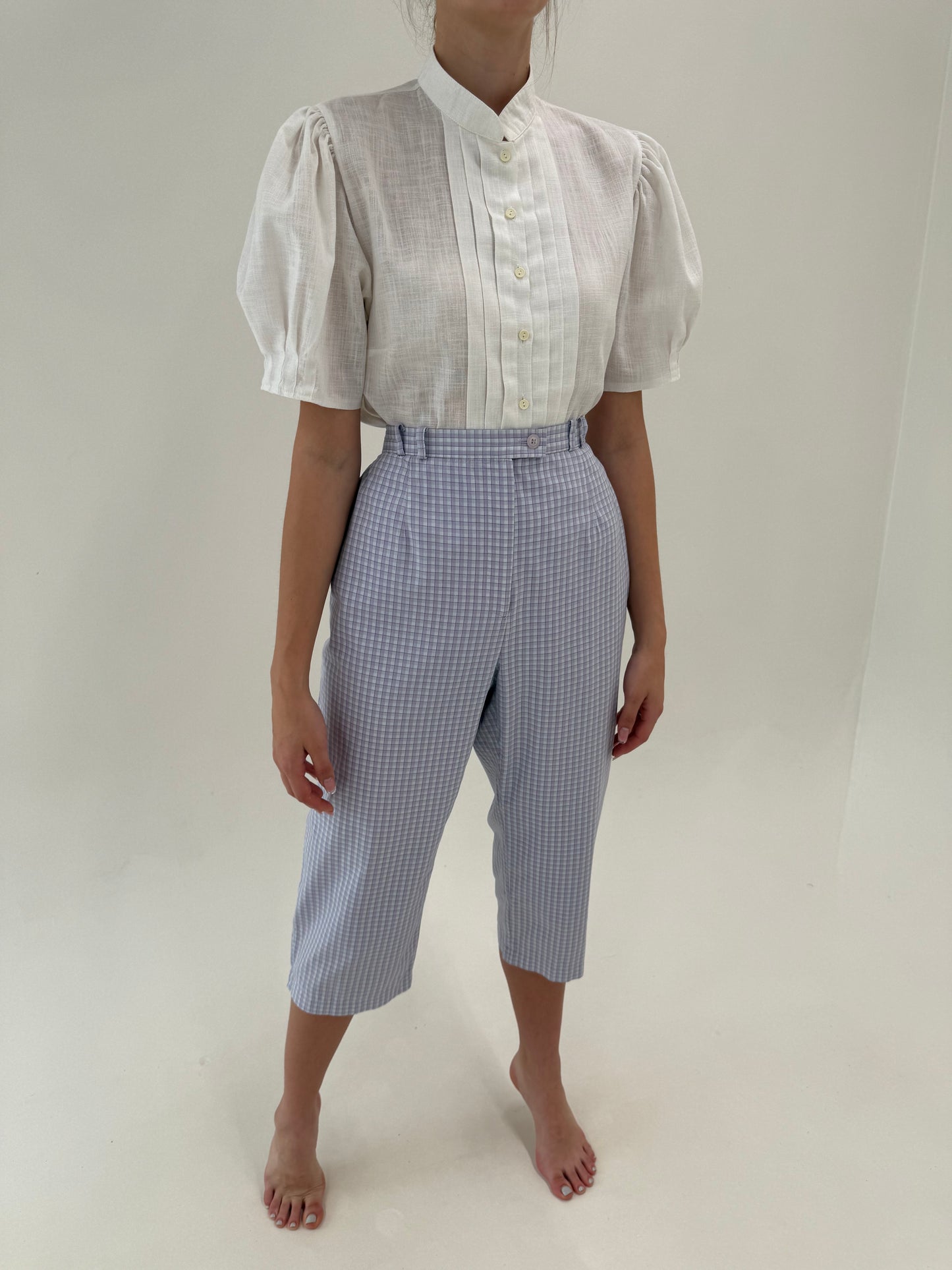 Costum vintage gingham lavandă din panzica de bumbac cu pantaloni capri super în trend