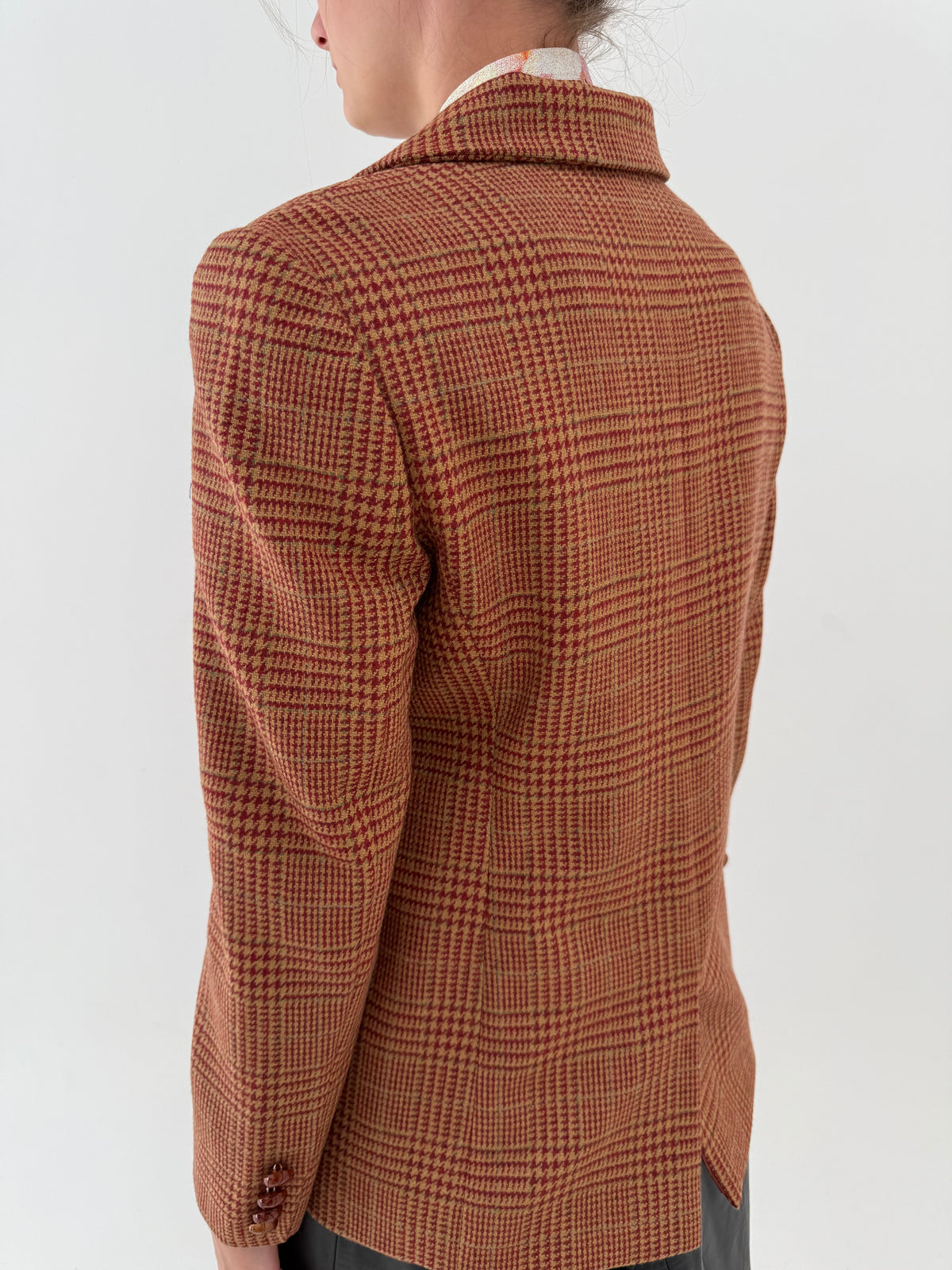 Sacou camel din tweed pied de coq burgundy din lana virgină în croi clasic