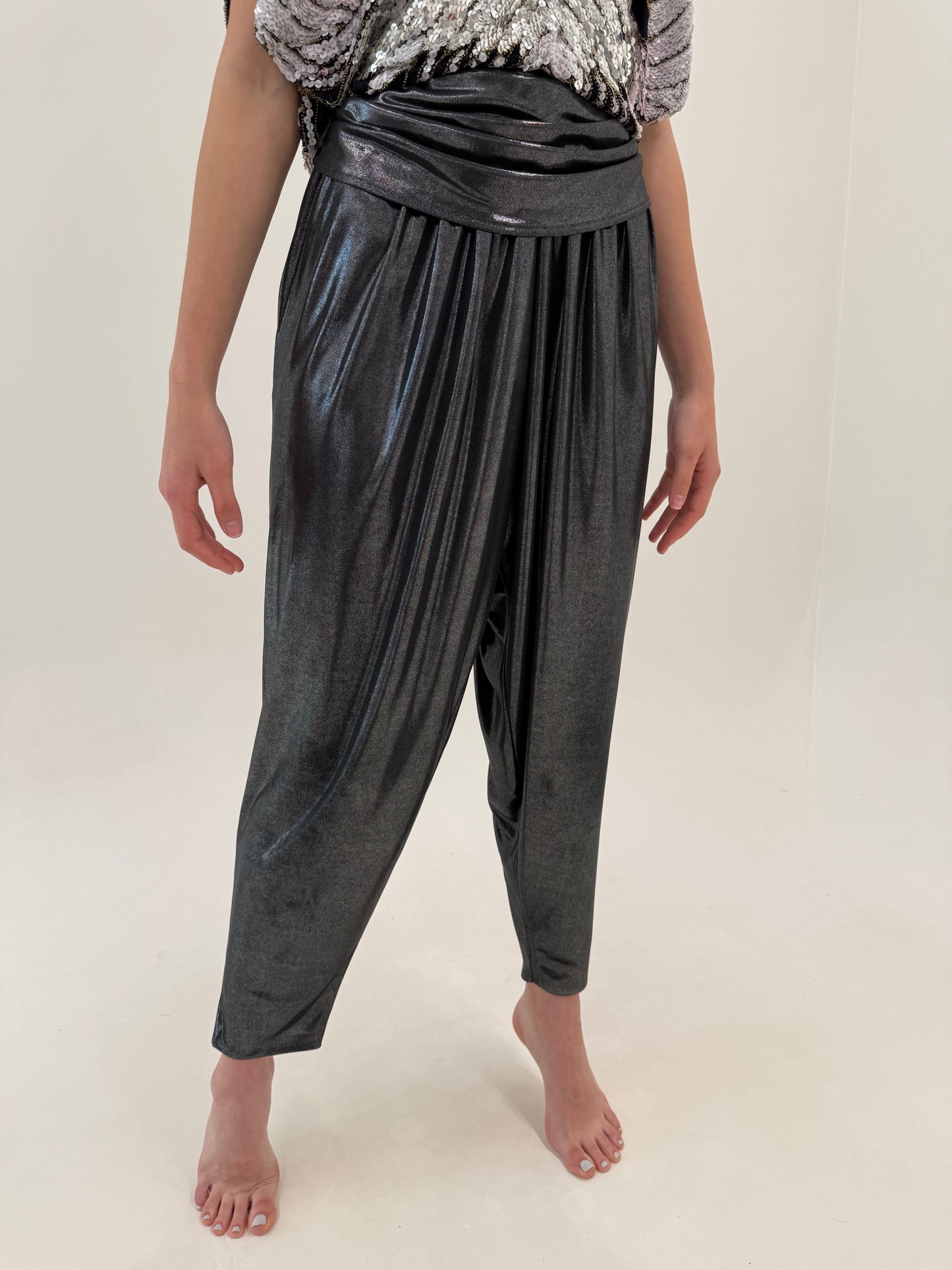 Pantaloni baloon din lame extrafin elastic ultra confort cu talie foarte înaltă