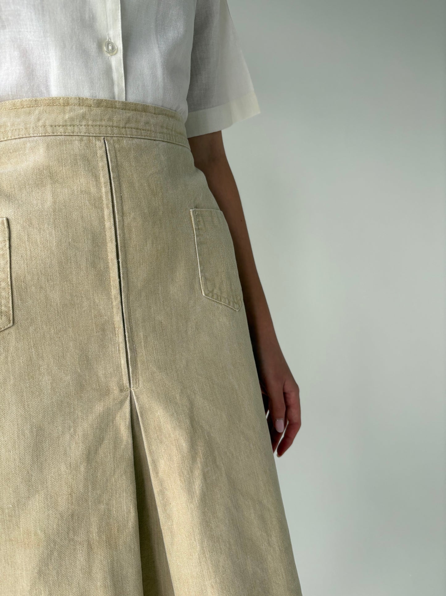 Fustă camel cu talie ultra înaltă marcată din jeans moale de vară